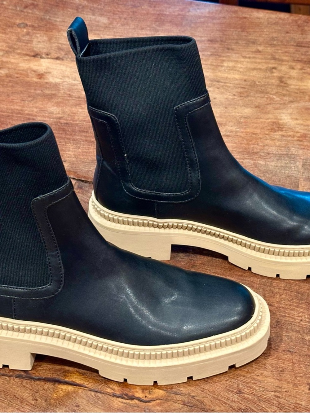 Mango Black Leather Ankle Chelsea Boots with Cream Lug Sole